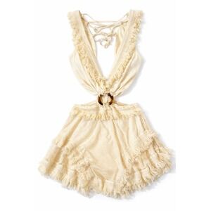 Ivory Mini Dress Cutout Waist Fringed‎ Hem Lace Up Back Party Cocktail